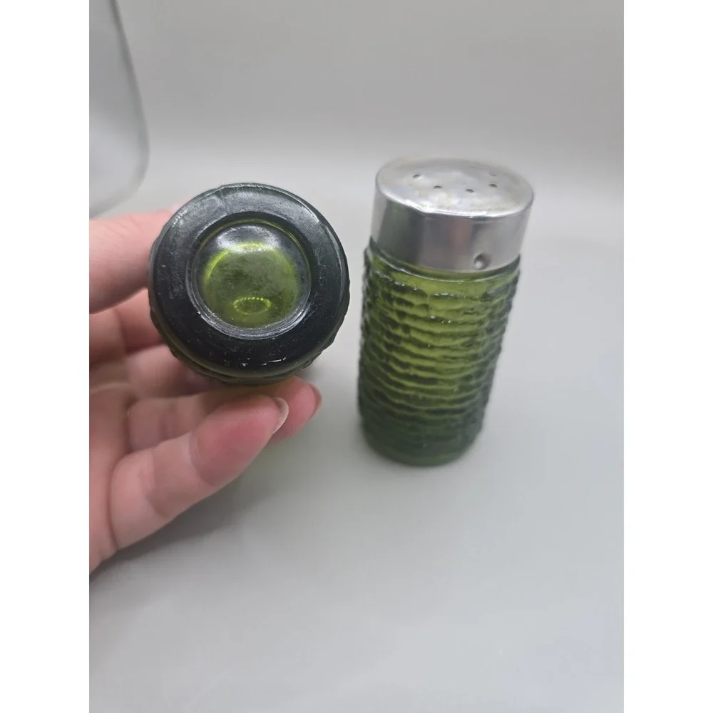 Vintage Green Glass Salt And Pepper Shakers Pre Owned